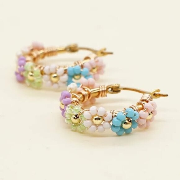 Flower Glass Colored Earrings Flower Hoop Earrings, Gold Color Floral earrings - Picture 1 of 6